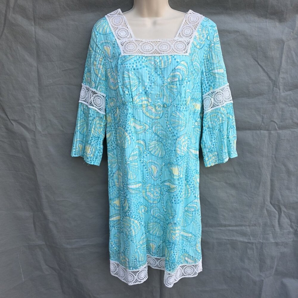 Lilly Pulitzer Sea Shell Pattern Shorely Blue Silver Dollar Clam Dress M Chapman